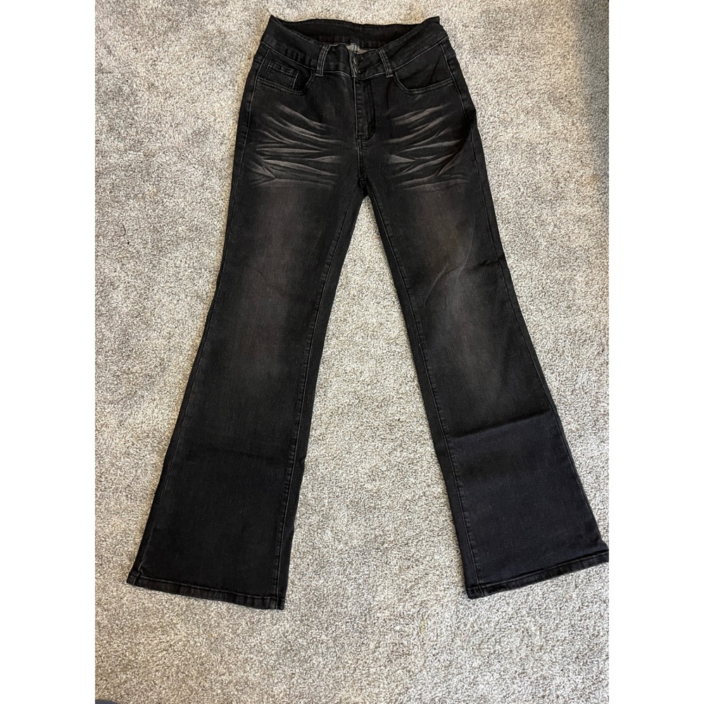 Black Flare Jeans High Rise Whiskered Dark Wash Double Button Size 6 A003.50919